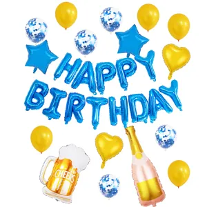 Set di palloncini per festa di compleanno con bottiglia di champagne e lettere foil.