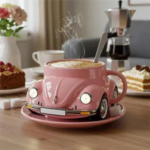Pink ceramic Beetle shaped coffee mug with matching saucer cute car cup gift new design