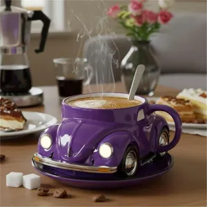 Creative beetle shaped ceramic coffee mug with saucer and spoon, novelty gift for coffee lovers