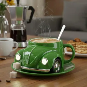 Creative green beetle shaped ceramic coffee mug with saucer and spoon for coffee lovers.