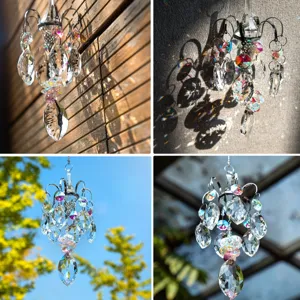 Crystal suncatcher detail showing multi-faceted prisms refracting dazzling rainbow light patterns.