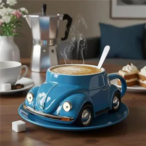 Creative blue beetle shaped ceramic coffee mug with matching saucer for coffee lovers and gift.