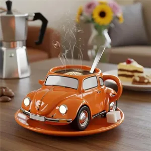 Unique Beetle shaped ceramic coffee mug with saucer, creative car design cup for coffee lovers.
