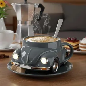 Unique beetle shaped ceramic coffee mug with saucer, creative car design novelty gift cup.
