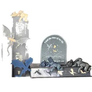 Resin sleeping dragon bookshelf sitter bookends set, fantasy book lover room decor and gifts.