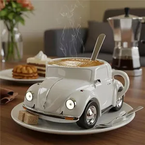 Detailed close-up of a creative white beetle shaped ceramic coffee mug with saucer and spoon.