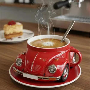 Detailed view of creative red Beetle ceramic coffee mug on saucer with steam on wooden table.