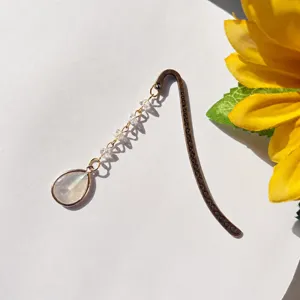Vintage metal bookmark with teardrop crystal pendant and bead chain for reading lovers gifts