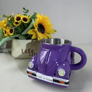 Beetle shaped coffee mug creative purple car ceramic cup with stainless steel liner for coffee lovers