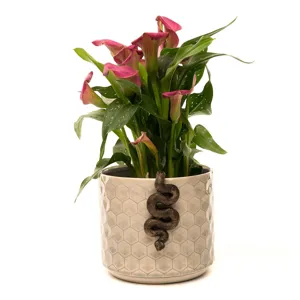Decorative flower pot with a charming bronze snake figurine, ideal for home and garden decor.