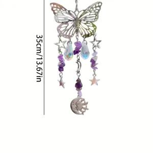 Crystal butterfly suncatcher pendant detail with prism, amethyst chips, and moon star hanging.