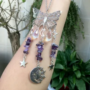 Detailed close-up of crystal suncatcher pendant with butterfly and amethyst stones.
