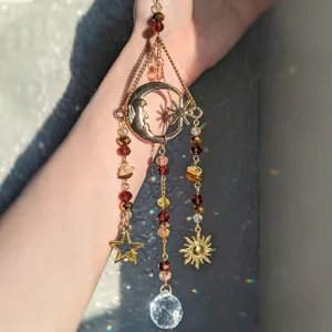 Crystal moon sun suncatcher hanging ornament, celestial window decor for home, rainbow maker.