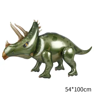 Green triceratops foil balloon party decoration 54x100cm dinosaur theme detail view