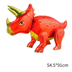Detailed view of the red triceratops foil balloon showing its unique cartoon spikes.