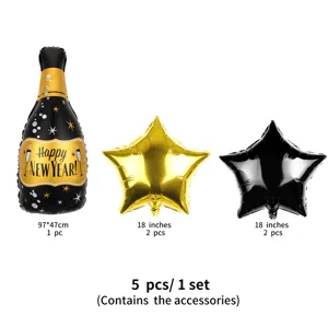 Kit de ballons en aluminium pour fête du Nouvel An avec bouteille de champagne et étoiles.