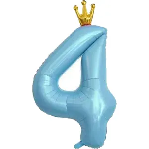 Ballon aluminium chiffre 4 bleu grand format 40 pouces avec couronne d'or anniversaire