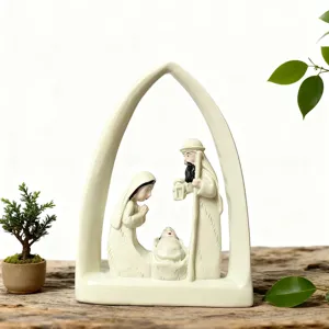 Nativity scene resin figurine desktop ornament, ivory white holy family sculpture for home decor.