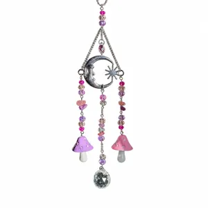 Crystal moon star suncatcher pendant with pink beads and mushroom charms for home decor.