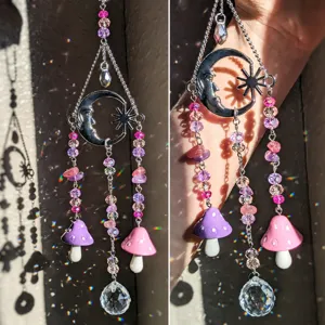 Crystal suncatcher pendant with moon sun charm, colorful beads and cute mushroom decor details.