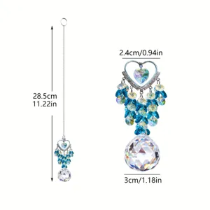 Crystal suncatcher hanging ornament detail showing dimensions and sparkling faceted ball.