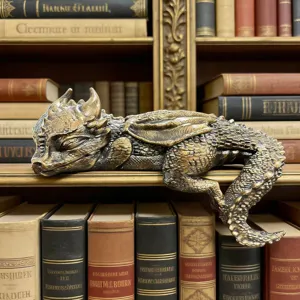 Detailed resin sleeping dragon figurine, antique bronze finish fantasy bookshelf ornament decor.