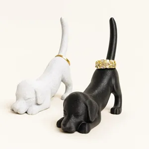 Creative Resin Dachshund Dog Figurine Ring Holder Cute Animal Desktop Ornament Minimalist Home Decor Craft