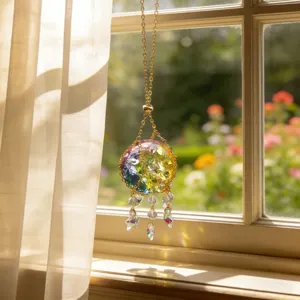 Crystal glass hanging suncatcher ornament for window and garden decor with colorful design.