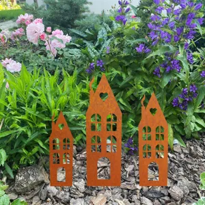 Metal rusty house silhouette garden stakes set for outdoor yard lawn and flower pot decor.