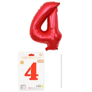 Ballon en aluminium chiffre 4 rouge avec carte d'emballage et paille pour fête
