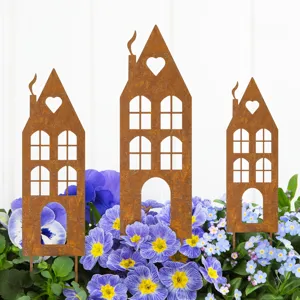 Rusty metal house silhouette garden stakes, decorative iron art yard stakes for flower pots.