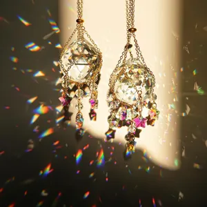 Exquisite hanging crystal suncatcher with colorful star pendants and beautiful rainbow light effect.
