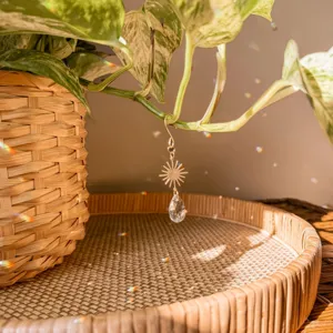 Detail view of a gold sunburst teardrop crystal suncatcher hanging on plant for home decor.
