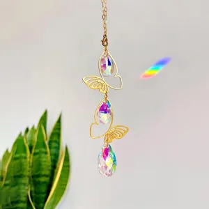 Gold crystal suncatcher butterfly hanging pendant prism rainbow maker window garden decor