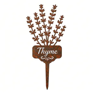 Close-up of vintage rustic iron thyme plant label stake for garden decoration details.