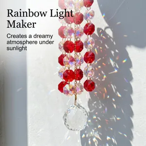 Close-up detail of hanging crystal suncatcher casting rainbow light and dreamy shadows indoors.