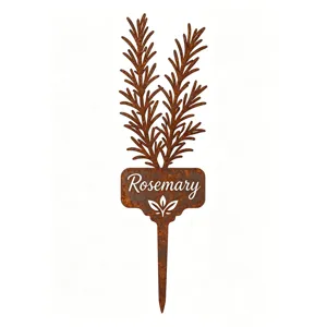 Metal rosemary garden stake detail showing rusted finish and engraved plant label text.