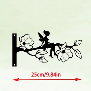 Metal fairy tree stake detail showing the black silhouette art design and size dimensions.