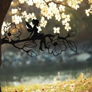 Metal fairy tree insert garden decoration, silhouette art stake for outdoor yard fence