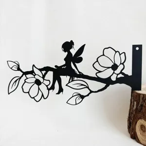 Black metal fairy silhouette tree stake, outdoor garden fence art decoration detail view
