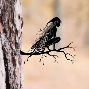 Metal fairy tree silhouette garden stake outdoor yard art decor fence ornament detail view