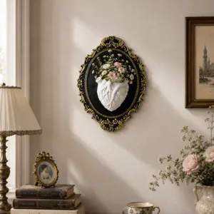 Vaso da parete anatomico in resina retrò gotica, elegante decorazione con cornice ovale intagliata.