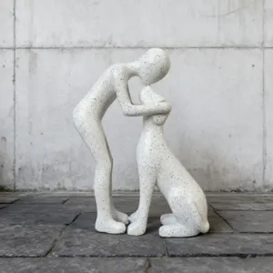 Nordic creative resin sculpture ornament depicting a person interacting with a dog, detailed view.