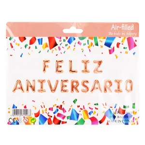 Ballon en aluminium rose gold feliz aniversario espagnol, parfait pour déco de fête.