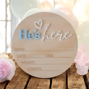 Plaque Annonce de Naissance en Bois pour Nouveau-né Jalon Bébé Hello World Souvenir Décoration Suspendue Chambre de Bébé
