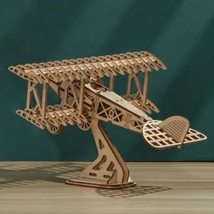 Detailed view of the 3D wooden biplane puzzle, showcasing intricate laser-cut parts and stand.