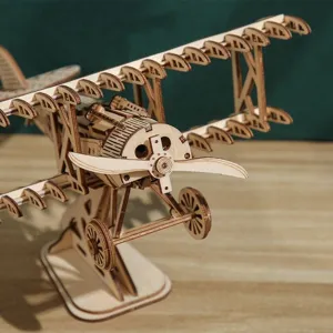 Wooden 3D puzzle airplane detail close-up vintage biplane DIY toy creative ornament display