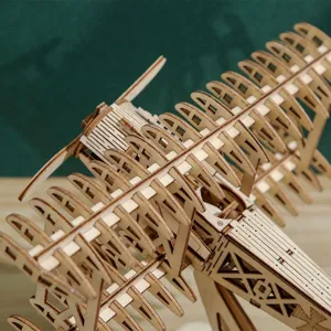 Wooden 3D puzzle airplane model, DIY educational toy and creative desktop ornament detail.