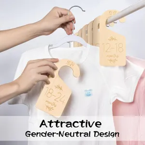 Wooden baby clothing size divider detail showing natural wood texture and clear engraving.