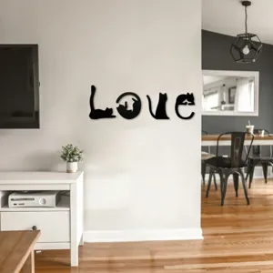 Schwarze Katzen Silhouette Wandkunst mit LOVE Schriftzug, moderne Heimdeko für das Wohnzimmer.